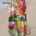 Women's  Floral Art Print Casual Cotton And Linen 3/4 Sleeve Shirt