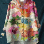 Women's  Floral Art Print Casual Cotton And Linen 3/4 Sleeve Shirt