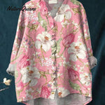 Women Vintage Flowers Art Print Loose Top Peter Pan Collar Half Sleeve Blouses