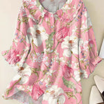 Women Vintage Flowers Art Print Loose Top Peter Pan Collar Half Sleeve Blouses