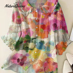 Women's  Floral Art Print Casual Cotton And Linen 3/4 Sleeve Shirt
