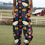 Women's Flying Bees Embroidery Pattern Casual Cotton Wide Leg Jumpsuit