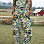 Women's Flying Bees Embroidery Pattern Casual Cotton Wide Leg Jumpsuit