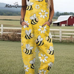 Women's Flying Bees Embroidery Pattern Casual Cotton Wide Leg Jumpsuit