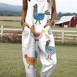 Women's Flying Bees Embroidery Pattern Casual Cotton Wide Leg Jumpsuit