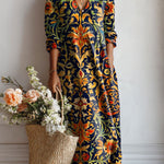 Women's Vintage Flower Art Print Linen Pocket Tunic Dress