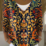 Women's Vintage Flower Art Print Linen Pocket Tunic Dress
