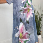 Faux Denim Fabric Orchid Print Pocketed Shirt Maxi Dress