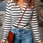 Stripe Casual Collared V Neck Lightweight Knit Sweater