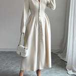 A-Line High Waisted Buttoned Pleated Solid Color Split-Joint Notched Collar Maxi Dresses Shirt Dress