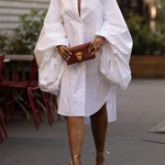 Loose Puff Sleeves Pleated Solid Color Split-side Lapel Collar Midi Dresses Shirt Dress