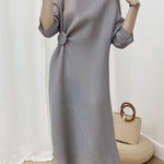Half Sleeves Irregular Clipping Pleated Solid Color Round-Neck Midi Dresses