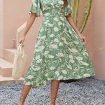 A-Line Half Sleeves Buttoned Contrast Color Pleated V-Neck Midi Dresses