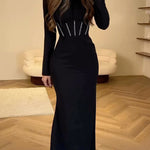 Bodycon Long Sleeves Pleated Solid Color Tied Zipper Mock Neck Maxi Dresses