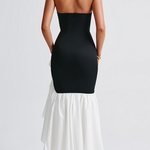 Strapless Bodycon Colorblock Ruffled Fishtail Maxi Dresses-Black