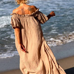 Linen Blend Ruffle Off Shoulder Puff Sleeve A-line Maxi Dress