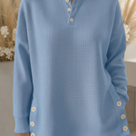 Casual Henley Neck Side Slit Button Waffle Pullover Top