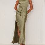 Sleeveless Pleated Solid Color Split-Joint Split-Side Spaghetti-Neck Midi Dresses