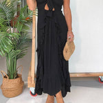 Juney Adjustable Chest Tie Front Ruffles Back Smocked Slit Maxi Dress