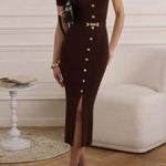 V-neck single-breasted slim-fit knit slit dress