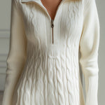 Elegant Zip-Front Knitted Sweater Dress In Ivory