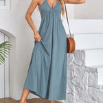 A-Line Loose Pleated Solid Color Split-Joint Deep V-Neck Maxi Dresses