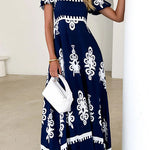 Square Neck Backless Abstract Print Maxi Dress