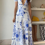 Deep V Neck Puff Sleeves Printed Swing Maxi Dress