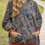 Women's Boho Floral Print Colorblock Cuff Cotton Hoodie