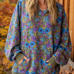 Women's Boho Floral Print Colorblock Cuff Cotton Hoodie