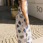 Bow Shoulder Sleeveless Seashell Print Maxi Dress