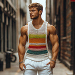 Men's Casual Round Neck Color Striped Crochet Tank Top