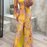 Margovil Off Shoulder Lantern Long Sleeves Printed Slit Pleated Maxi Dress
