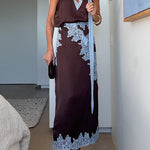Chic Sleeveless V Neck Lace Trim Satin Top