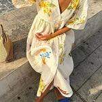Margovil V Neck Button Down Tropic Print Sun-kissed Maxi Holiday Dress