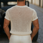 Men's Solid Knit Hollow Henley Collar Short Sleeve T-shirt