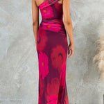 One Shoulder Floral Print Mesh Bodycon Maxi Dress