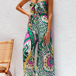 Spaghetti Strap Tie Knot Front Wide Leg Printed Jumpsuit