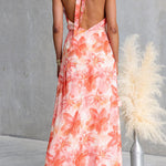 Halter V Neck Backless Floral Print Ruffle Slit Maxi Dress