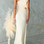 Ruffle Slant Shoulder Cut Out Waist Bodycon Maxi Dress