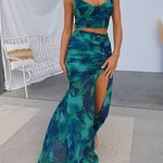 Ruched Crop Cami Top High Slit Maxi Skirt Printed Set