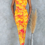 Night Blooms Mesh Overlay Printed One Shoulder Ruched Stretch Maxi Dress