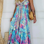 Bohemian Style Unique Print V-neck Suspender Holiday Maxi Dress