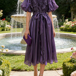 Half Sleeves High Waisted Pleated Ruffled Tied Waist Zipper Round-Neck Maxi Dresses