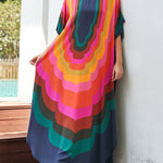 Batwing Sleeves Loose Contrast Color Printed Sun Protection Round-Neck Maxi Dresses