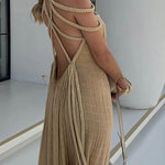 Modern and Sophisticated Linen Blend Draped Braids Cover Up Maxi Dress