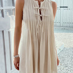 A-Line Loose Pleated Solid Color Tied Round-Neck Mini Dresses Vest Top