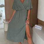 Linen Blend Solid Color V-neck Short Sleeve Waist Loose Slit Midi Dress