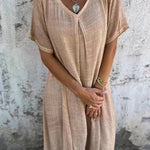 V Neck Loose Fit Cotton Linen Midi Dress