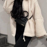 Stand-up collar zip-up lamb wool oversized coat